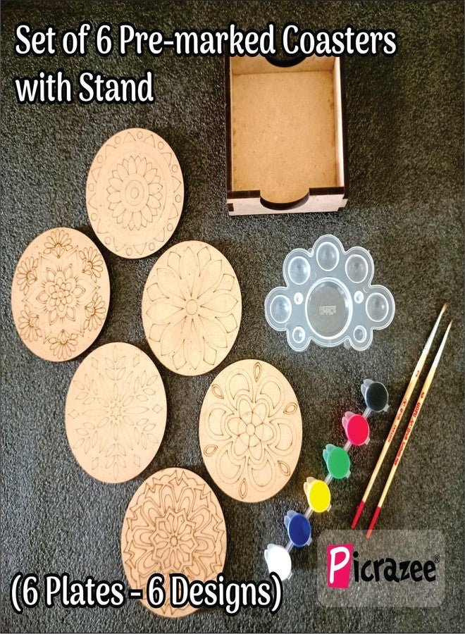 PICRAZEE DIY Art & Craft Round Coaster Kit in Pine MDF | Acrylic Colors, Brushes & Palette | Ideal for Oil & Acrylic Painting, Decoupage, Lippan, Texture Art, Resin & Kids DIY Projects (M5) - Image 2